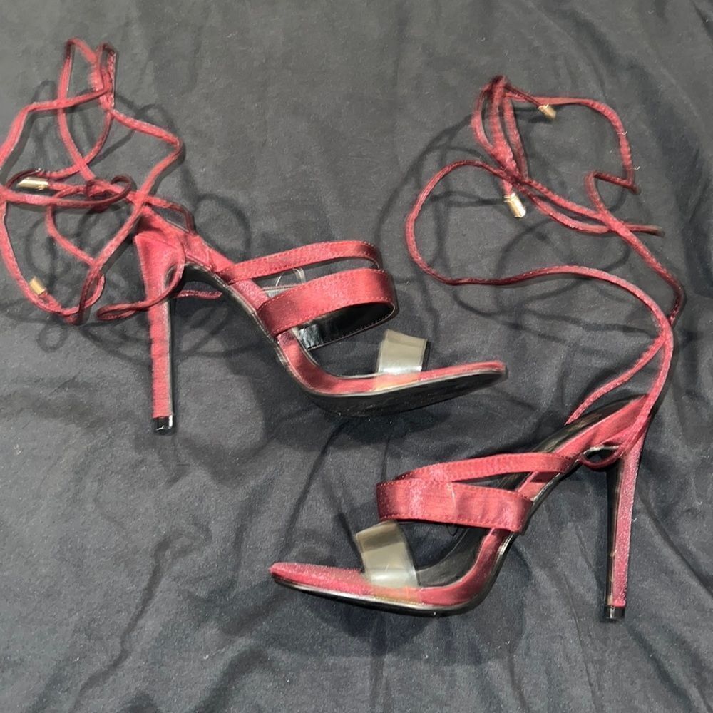 Size 7.5 burgundy lace up heels with gold tassels